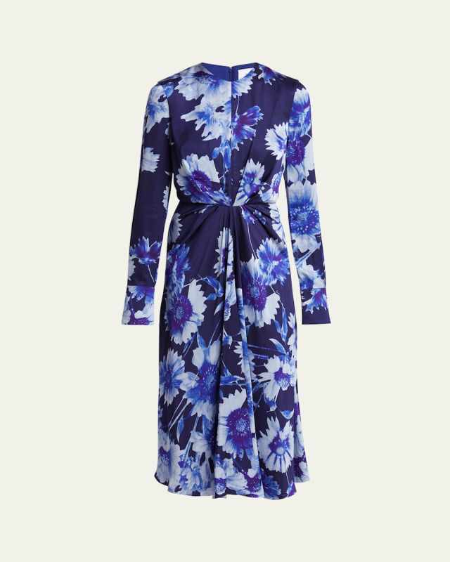 Floral Draped Long Sleeve Midi Dress